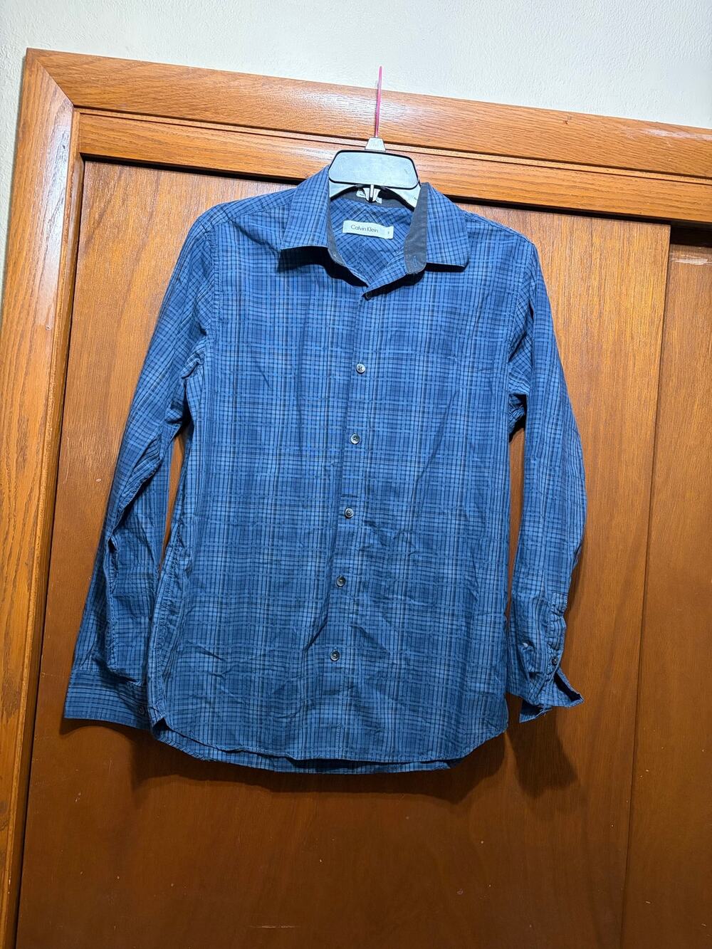 Calvin Klein Men’s S Blue Plaid Long Sleeve Button Front Cotton Shirt